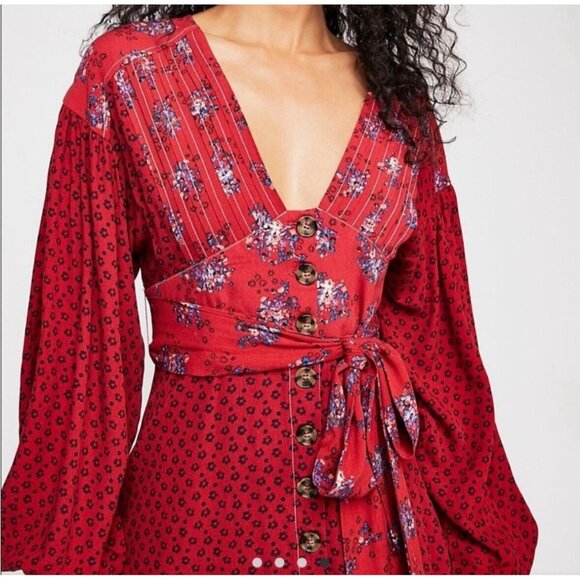 Free People Dress Small Don't Dare Red Mixed Print Mini Babydoll 014 - Picture 2 of 8